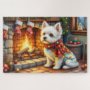 Bichon Frise Kamin mit Weihnachtslichtern Puzzle