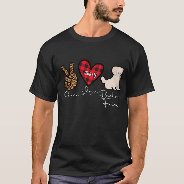 Bichon Frisé Kariert Peace Liebe Niedlich Dog T-Shirt (Vorderseite)