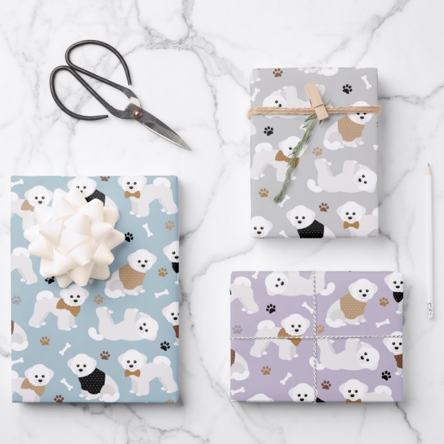 Bichon Frise Knochen und Paws Grau Blau Lila Geschenkpapier Set (Vorderseite)