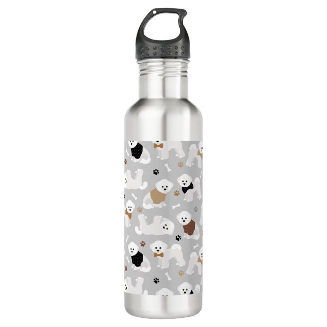 Bichon Frise Knochen und Paws Grau Edelstahlflasche (Vorderseite)