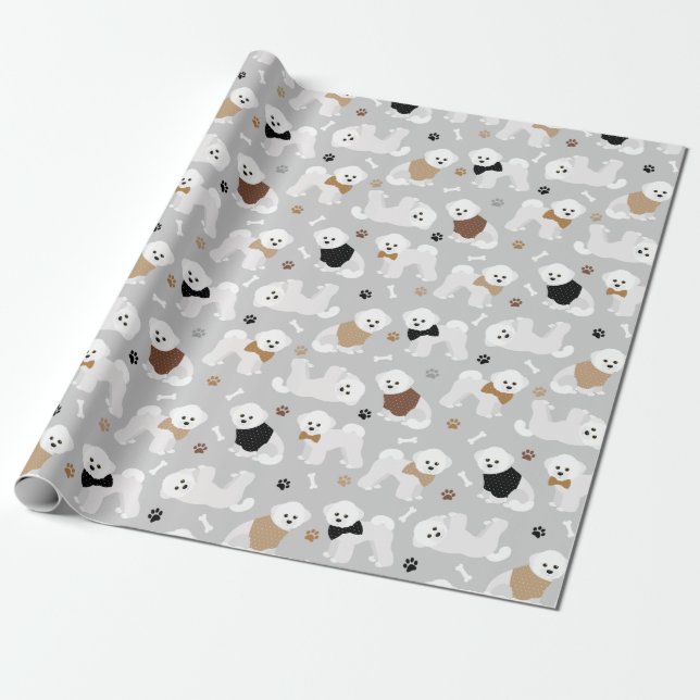 Bichon Frise Knochen und Paws Grau Geschenkpapier (Ungerollt)