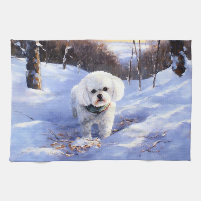 Bichon Frise lässt es Weihnachten schnee Geschirrtuch (Horizontal)