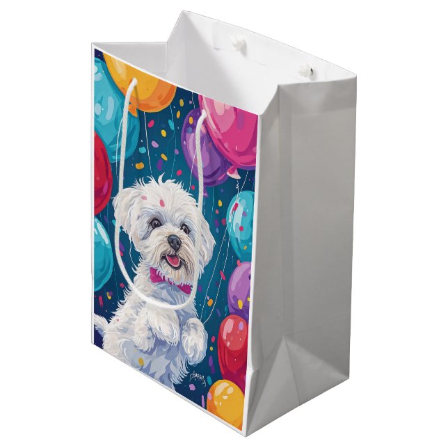 Bichon Frise mit Balloons Mittlere Geschenktüte (Vorderseite Schrägansicht)