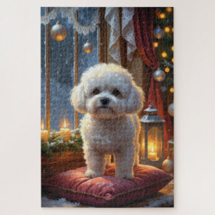 Bichon Frise mit Weihnachtslichtern Feiertag Puzzle