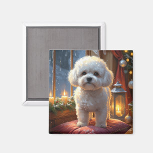 Bichon Frise mit Weihnachtslichtern Urlaub Magnet