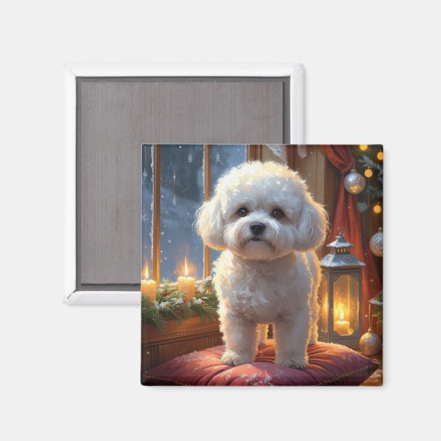 Bichon Frise mit Weihnachtslichtern Urlaub Magnet (Vorderseite/Rückseite)