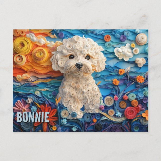 Bichon Frise Paper Quilling Art Dog Portrait Postkarte (Vorderseite)