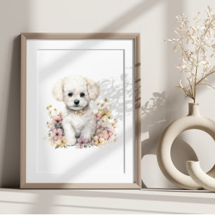 Bichon Frise Puppy Pet Wasserfarbe Blume Poster