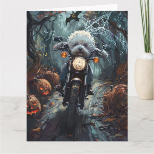 Bichon Frise Riding Motorrad Halloween Beängstigen Karte