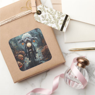 Bichon Frise Riding Motorrad Halloween Beängstigen Quadratischer Aufkleber