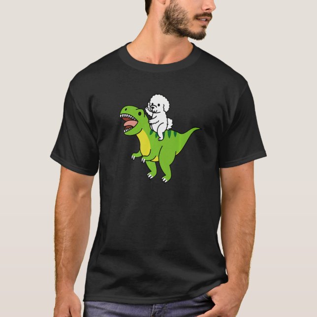 Bichon Frise Riding Rex Dinosaur Dog T-Shirt (Vorderseite)