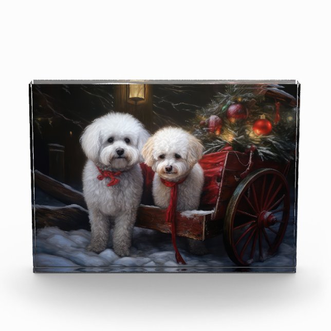 Bichon Frise Snowy Sleigh Weihnachtsdekor Fotoblock (Vorderseite)