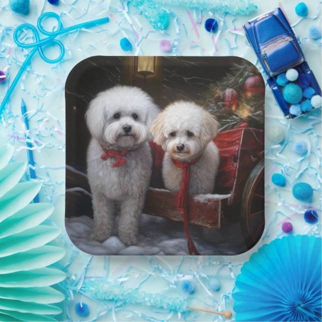 Bichon Frise Snowy Sleigh Weihnachtsdekor Pappteller (Party)