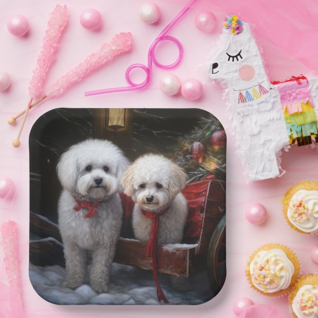 Bichon Frise Snowy Sleigh Weihnachtsdekor Pappteller (Party)