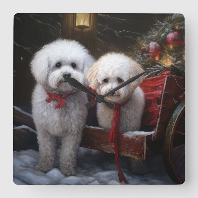 Bichon Frise Snowy Sleigh Weihnachtsdekor Quadratische Wanduhr (Vorderseite)