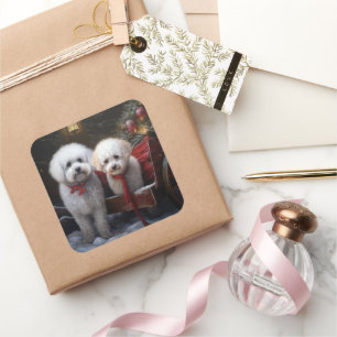 Bichon Frise Snowy Sleigh Weihnachtsdekor Quadratischer Aufkleber