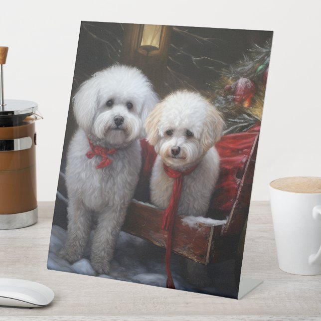 Bichon Frise Snowy Sleigh Weihnachtsdekor Sockelschild (In Situ)