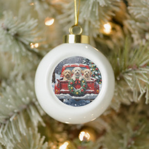 Bichon Frise Weihnachten Roter LKW Urlaub Keramik Kugel-Ornament