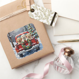 Bichon Frise Weihnachten Roter LKW Urlaub Quadratischer Aufkleber