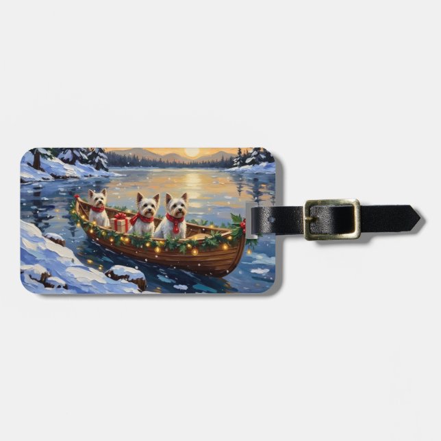 Bichon Frise Weihnachtsboot Urlaub Gepäckanhänger (Vorderseite horizontal)