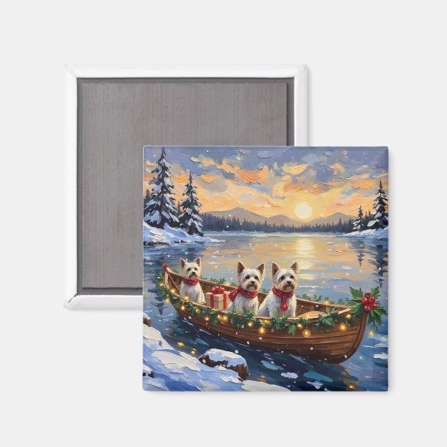 Bichon Frise Weihnachtsboot Urlaub Magnet (Vorderseite/Rückseite)