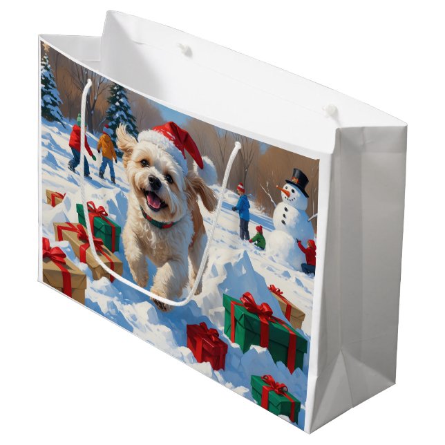 Bichon Frise Weihnachtsfest Schneeszene Große Geschenktüte (Vorderseite Schrägansicht)