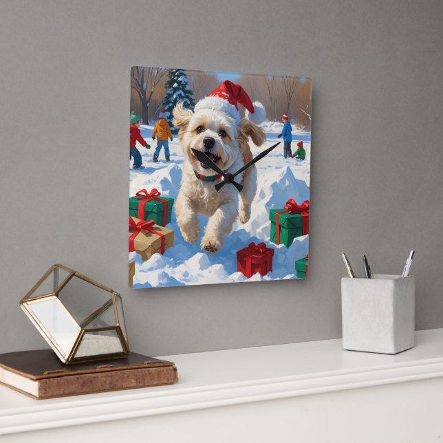Bichon Frise Weihnachtsfest Schneeszene Quadratische Wanduhr (Büro)