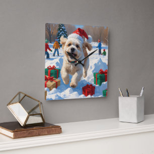 Bichon Frise Weihnachtsfestliche Schneeszene Quadratische Wanduhr
