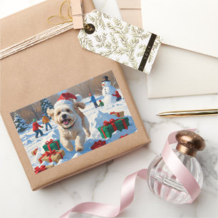 Bichon Frise Weihnachtsfestliche Schneeszene Rechteckiger Aufkleber