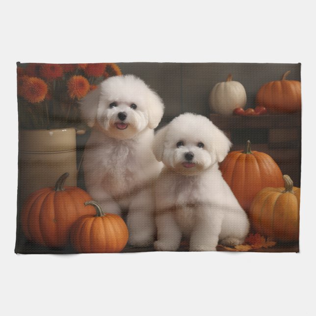 Bichon Frise Welppy Autumn Delight Pumpkin Geschirrtuch (Horizontal)