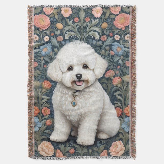 Bichon Frisé William Morris Inspirierte Floral Decke (Vorderseite Vertikal)