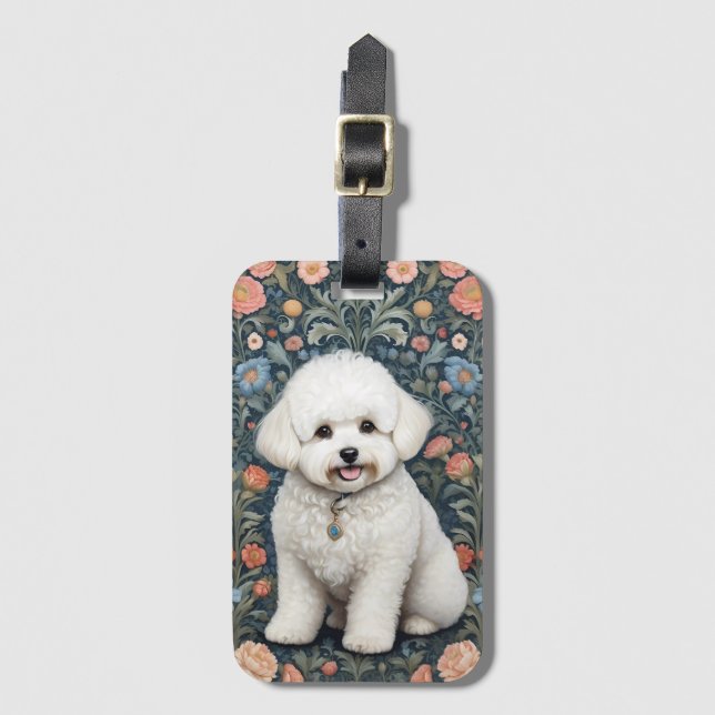 Bichon Frisé William Morris Inspirierte Floral Gepäckanhänger (Vorderseite Vertikal)