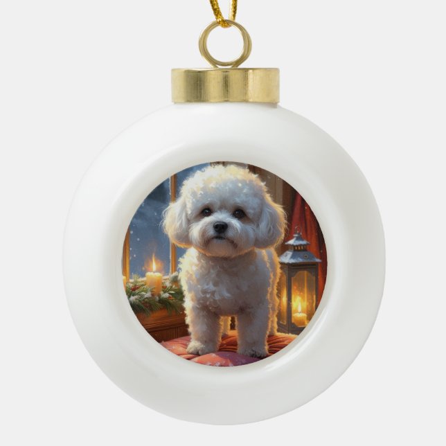 Bichon Frise With Christmas Lights Holiday Keramik Kugel-Ornament (Vorderseite)