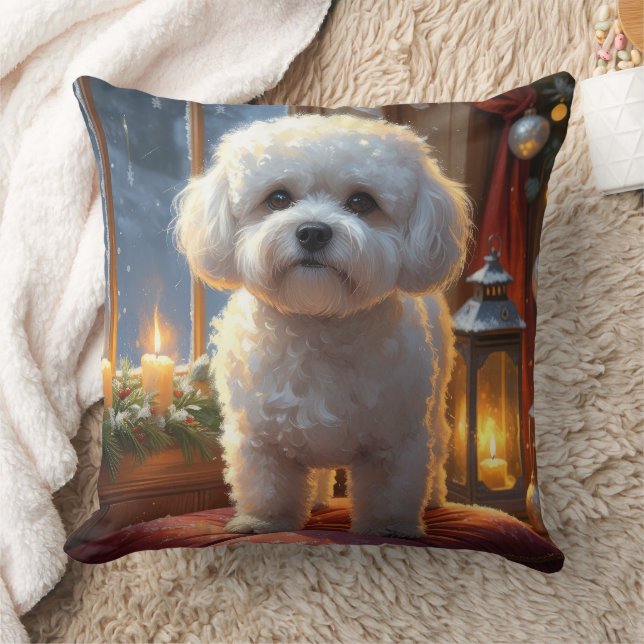 Bichon Frise With Christmas Lights Holiday Kissen (Decke)