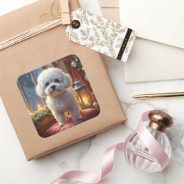 Bichon Frise With Christmas Lights Holiday Quadratischer Aufkleber (Schenken)