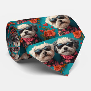 Bichon Frise with Heart Rose Valentinstag Krawatte