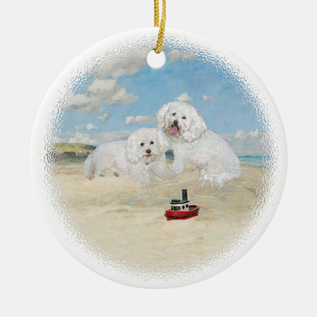 Bichons am Strand Keramikornament (Vorne)