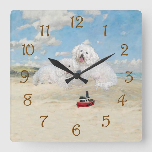 Bichons am Strand Quadratische Wanduhr (Vorderseite)