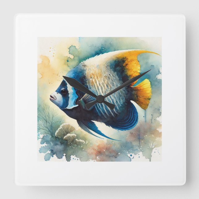 Bicolor Angelfish 120924AREF103 - Watercolor Quadratische Wanduhr (Vorderseite)