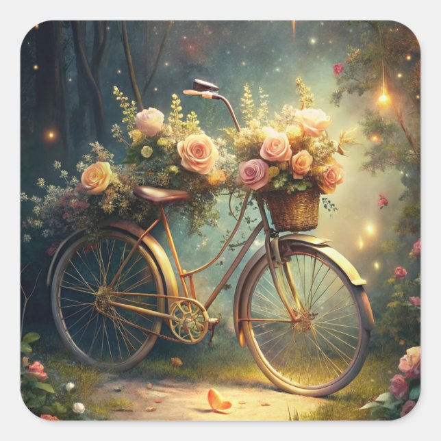 Bicycle and Flowers Quadratischer Aufkleber (Vorderseite)