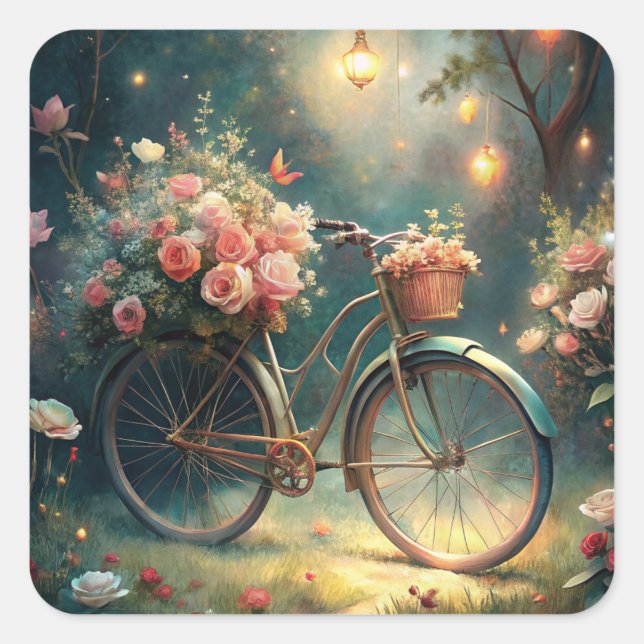 Bicycle and Flowers Quadratischer Aufkleber (Vorderseite)