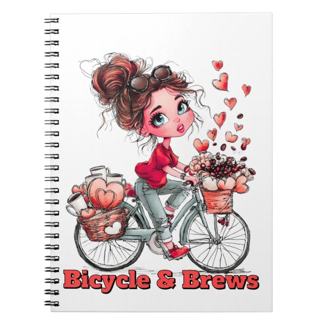 Bicycle & Brews Cute Coffee Girl Spiral Notebook Notizblock (Vorderseite)