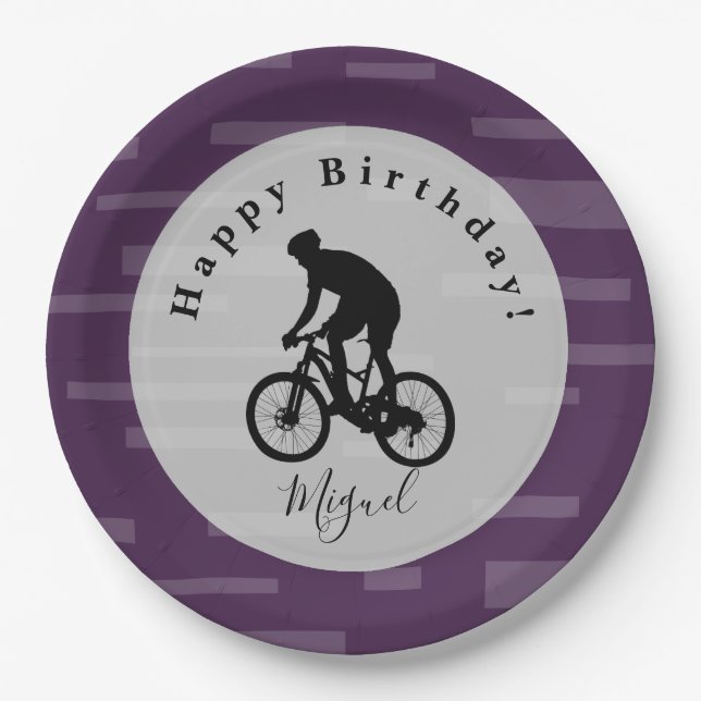 Bicycle Rider Happy Birthday Paper Plate. Papier P Pappteller (Vorderseite)