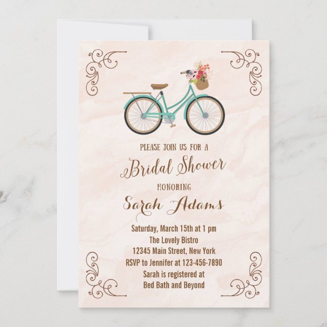 Bicycle Watercolor Bridal Dusche Einladung (Vorderseite)