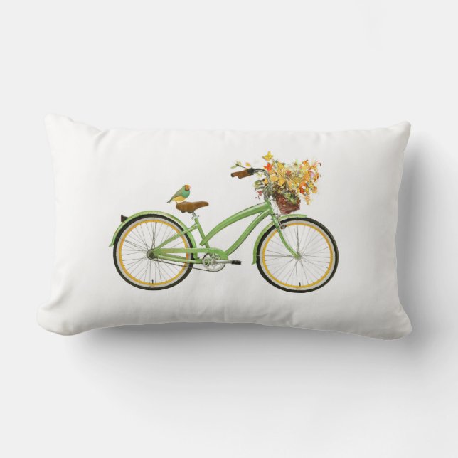 Bicycle With Bird and Flower Basket Green Yellow Lendenkissen (Vorderseite)
