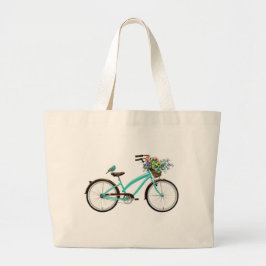 Bicycle With Bird and Flower Basket Turquoise Blue Jumbo Stoffbeutel