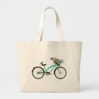 Bicycle With Bird and Flower Basket Turquoise Blue Jumbo Stoffbeutel