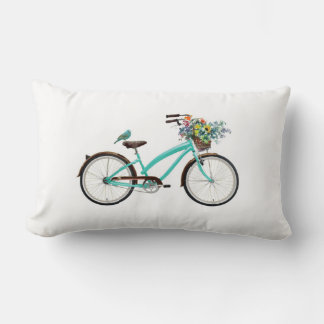 Bicycle With Bird and Flower Basket Turquoise Blue Lendenkissen