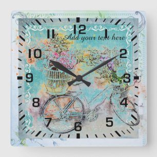Bicycle with flower baskets on blue burlap quadratische wanduhr