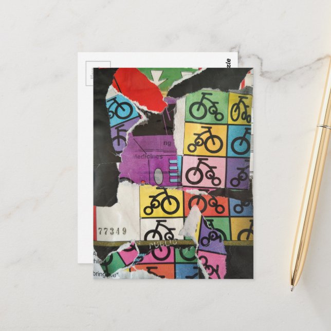 Bicycles colorful mixed media collage postkarte (Vorderseite/Rückseite Beispiel)